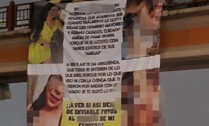 'Deja de enviarle fotos'; mujer exhibe a la amante de su esposo en Matamoros: Colocó una manta con imágenes sin ropa de la acusada en una de las vialidades más transitadas de la ciudad