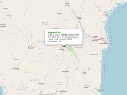 Se registra sismo de magnitud 3.9 en la región sureste de Coahuila