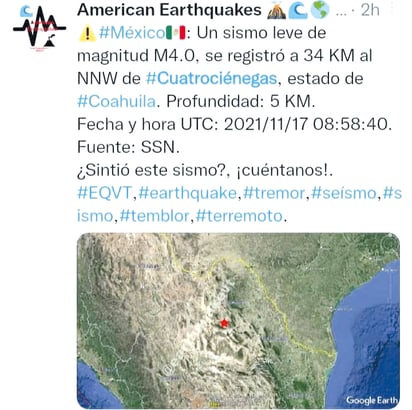 Sismo de 4.0 se registra en límites de Ciénegas y Ocampo