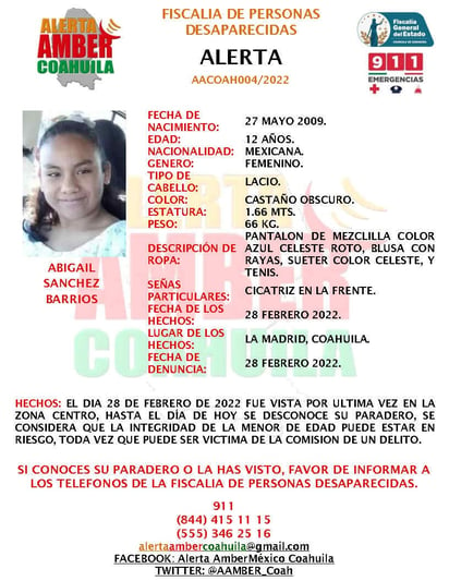 Fiscalía desactiva Alerta Amber, la menor de 12 años fue encontrada en municipio de Lamadrid