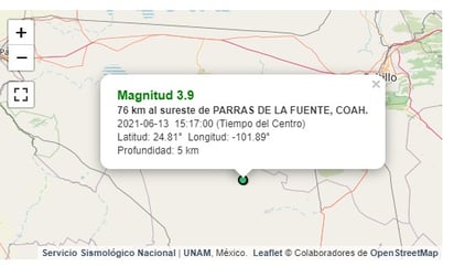 Sismo de 3.9 fue registrado en Parras