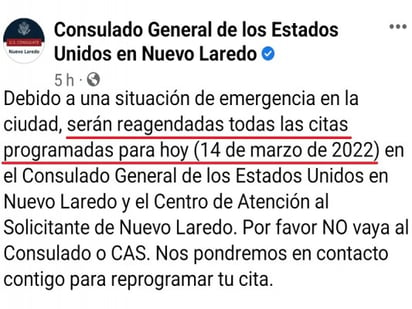 Reagendarán citas en Consulado Americano y CAS de Nuevo Laredo tras cierre por hechos violentos