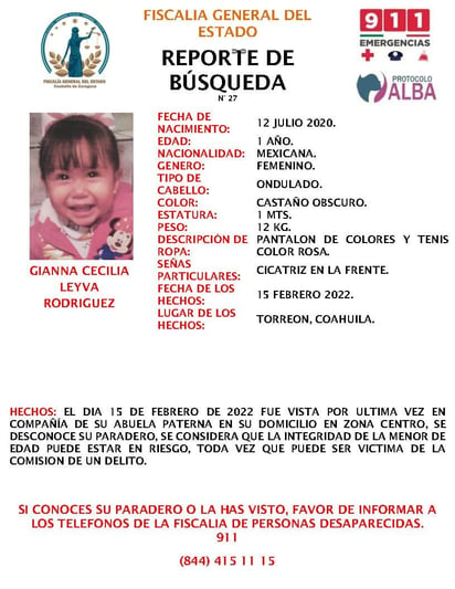 Bebé de un año es buscada por sus familiares, desapareció el mes pasado