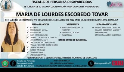 María de Lourdes está desaparecida desde hace 25 días en Monclova