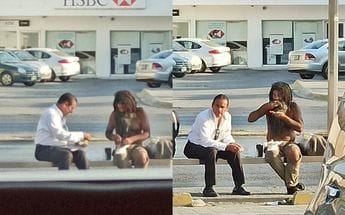 ¡Todavía hay gente buena! Hombre comparte su lonche con indigente