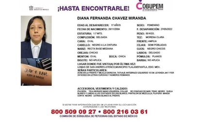 Diana de 17 años, lleva 3 días extraviada tras desaparecer en Edomex