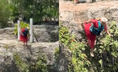 Abuelita valiente se echa clavado en cenote y rompe el Internet