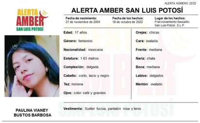 Fiscalía de SLP pide ayuda para localizar a Paulina Vianey, adolescente de 17 años