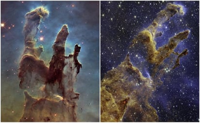 Telescopio James Webb capta en su mayor esplendor y belleza a los 'Pilares de la Creación': Los 'Pilares de la Creación' se encuentran a 6 mil 500 años luz de la Tierra, en la Nebulosa del Águila