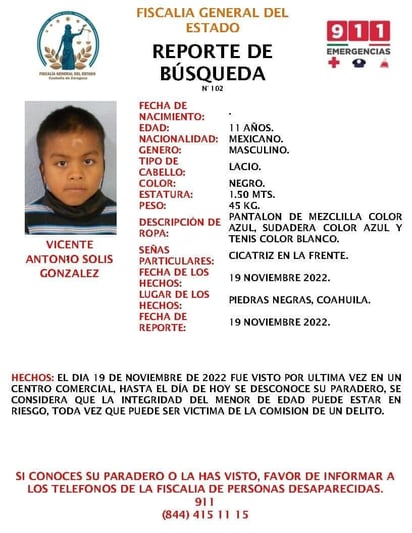 Niño de 11 años es reportado extraviado