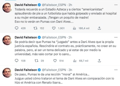 David Faitelson sobre el caso de Dani Alves: “Pumas da lección ‘moral' al América”: Faitelson acepta que quizá Pumas fue prematuro en su decisión, pero lo califica como correcto