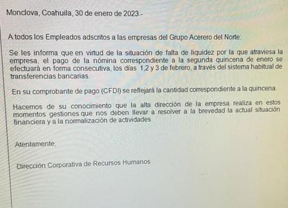 AHMSA aplazaría el pago quincenal a trabajadores de confianza 