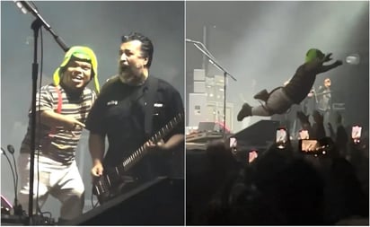 VIDEO: Nuevo 'Medio Metro' prende concierto de Molotov y se lanza al público: Por medio de Twitter, la agrupación mexicana de rock difundió un video donde se ve al nuevo Medio Metro arriba del escenario