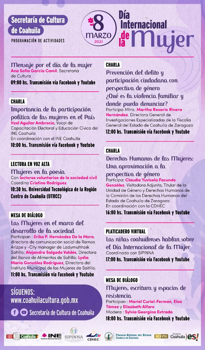 Secretaría de Cultura invita a conferencias por el Día de la Mujer