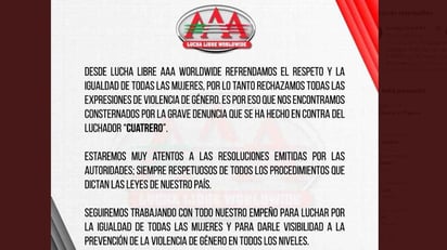 Lucha Libre AAA 'consternada' por denuncia a Cuatrero; estará atenta a resolución