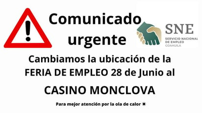 Feria del Empleo cambia de lugar; será en el Casino Monclova