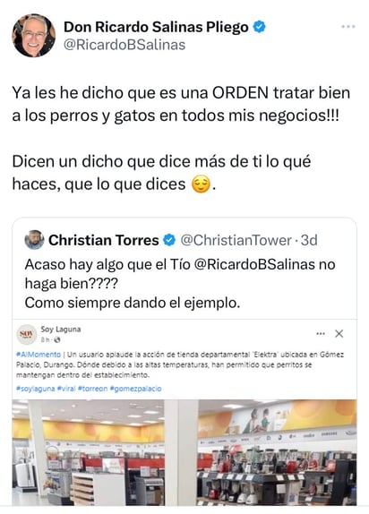 Presidente de Grupo Elektra autoriza que los animales callejeros se protejan del calor en sus tiendas: Aplauden en twitter la simpatía de Salinas Pliego por los animales