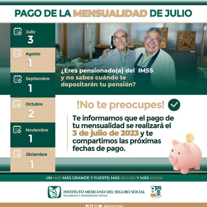 Pago de pensionados del IMSS será el 3 de julio 