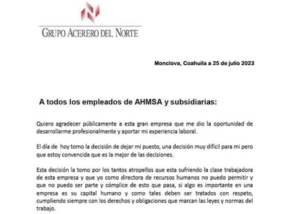 Comunicado 'asegura' que directora de Recursos Humanos de AHMSA 'aventó el arpa'