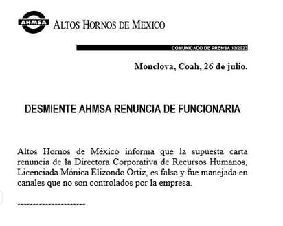 Desmiente AHMSA comunicado de renuncia de directora de RH