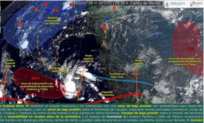 La intensa onda tropical número 17 y monzón provocan lluvias en 9 estados