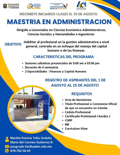 Este sábado inicia la maestría en administración 