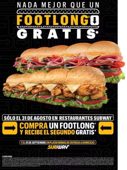 Subway regalará Footlongs gratis el 31 de agosto y el 1 de septiembre