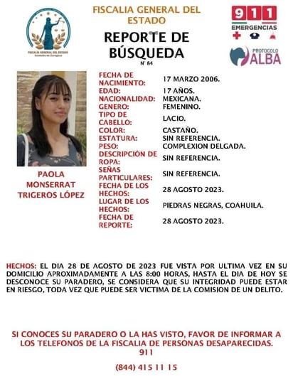 Menor de 17 años es buscada por autoridad; salió hace 8 días de casa