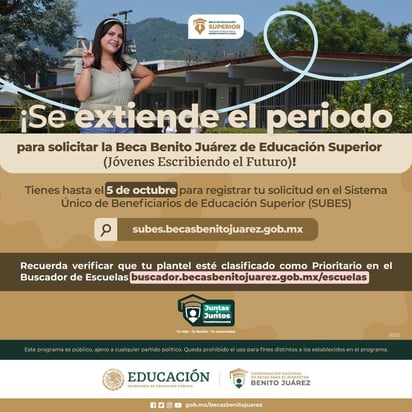 El registro para la beca Jóvenes Escribiendo el Futuro, que otorga más de 10 mil pesos, se ha extendido hasta el 29 de septiembre