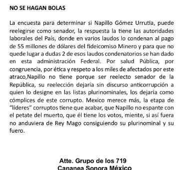 Mineros de Cananea dicen no a reelección de Senador