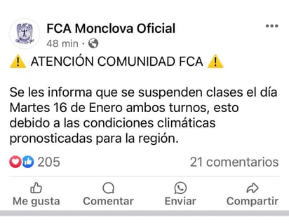 Universidad cancela sus clases por el intenso frío pronosticado para mañana en Monclova