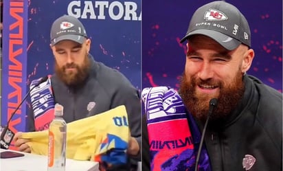 Travis Kelce mostró su alegría por el título del América, en plena conferencia previo al Super Bowl