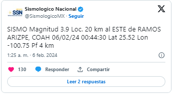 Ramos Arizpe reporta un sismo de magnitud 3.9, que también se siente en algunas zonas de Saltillo