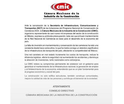 CMIC da su postura sobre cancelación de obras de SICT