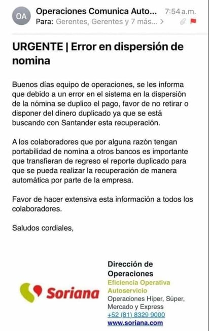 Soriana pagó  salario duplicado por error a sus trabajadores; pide devolución