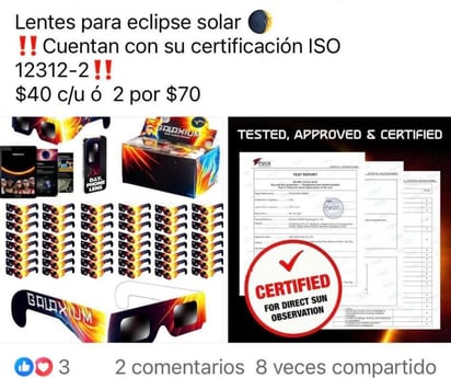 Doctor recuerda que comprar lentes para eclipse en las redes sociales no es seguro 