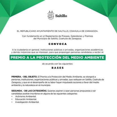  ¡Atención Saltillo! Participa en el Premio a la Protección del Medio Ambiente 2024