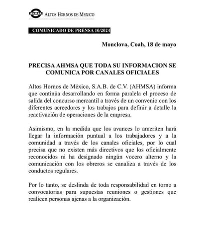 Ahmsa desmiente falsos comunicados de obreros