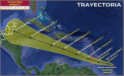 Huracán Beryl se intensifica a categoría 3, a 3 mil 700 km de Cancún