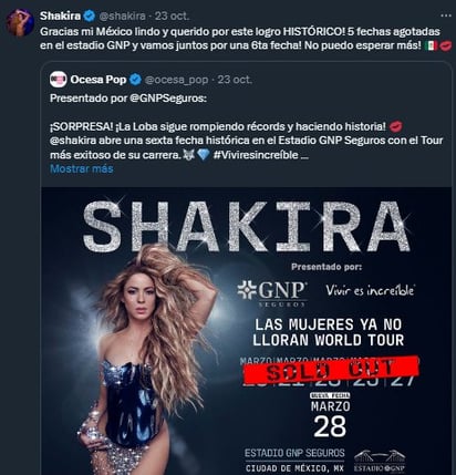 Shakira: Las 5 fechas anteriores fueron sold out 