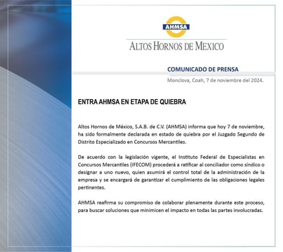 AHMSA: En breve comunicado, la empresa acerera da a conocer que recibió la sentencia del Juzgado Segundo de Concursos Mercantiles.