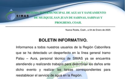 Simas: El equipo técnico ya trabaja para restablecer el servicio lo antes posible.