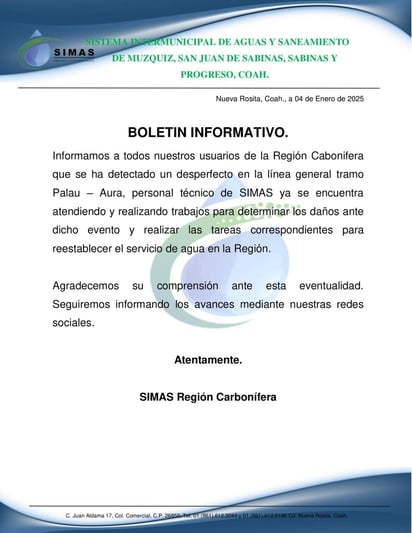 Simas: El equipo técnico ya trabaja para restablecer el servicio lo antes posible.