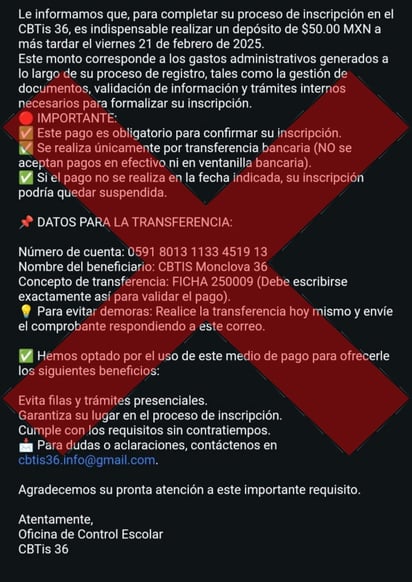 Mensaje falso que están recibiendo para ser estafados.