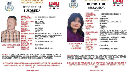 BUSQUEDA Desaparecen en la colonia Independencia Sur  Castaños, Coahuila.- La Fiscalía de Personas Desaparecidas emitió un reporte urgente de búsqueda para localizar