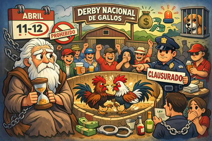 Caricatura editorial - Controversia en Sabinas Riesgos Legales y Sociales del Derby Nacional de Gallos