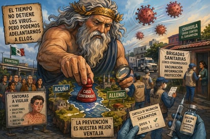 Caricatura editorial - Cronos advierte: el sarampión no espera, la prevención tampoco