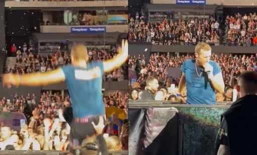 A pesar del fuerte golpe, el cantante resultó ileso  Chris Martin, vocalista de Coldplay, sufrió un accidente durante su más reciente concierto en Australia,