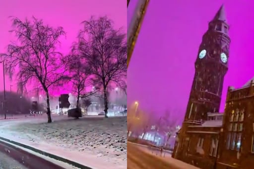 Un inusual cielo rosa iluminó Birmingham durante una nevada; el fenómeno fue causado por las luces LED del estadio de fútbol local.  La noche del jueves