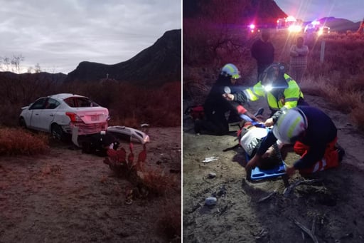 El auto terminó con daños de consideración y algunos integrantes de la familia resultaron lesionados.  Cuatro Ciénegas, Coahuila.– Personal de Protección Civil